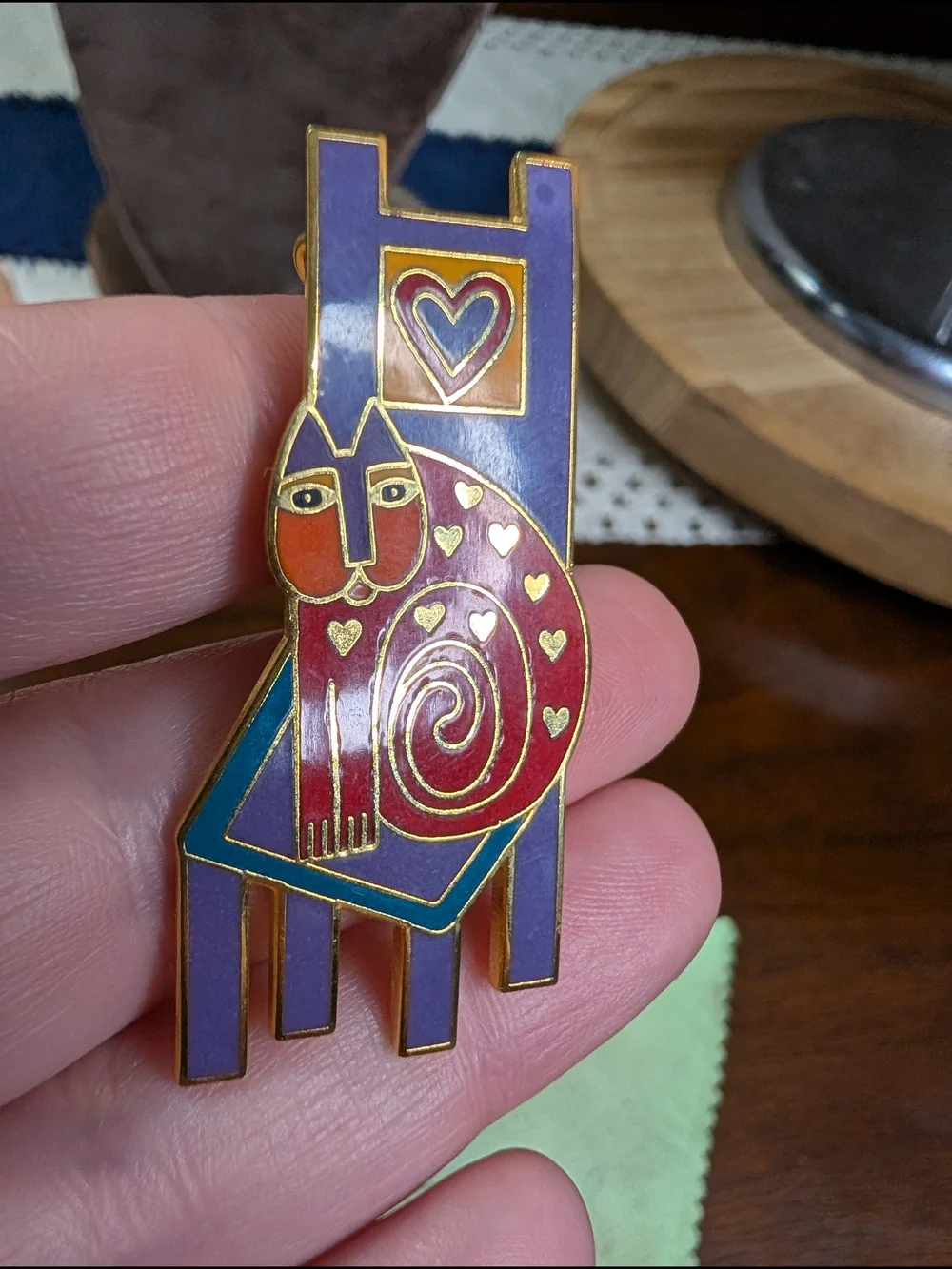 Vintage Laurel Burch Signed Colorful Cat on Chair Enamel Pin Brooch Folk Art